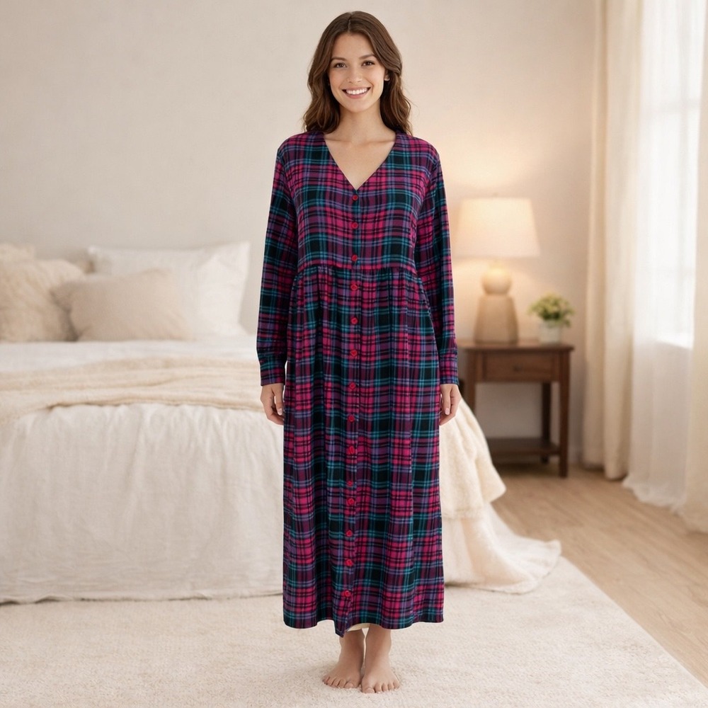 Vintage Plaid Pink Flannel Nightgown Cottagecore Grannycore Cozy Midi Sleep SZ L